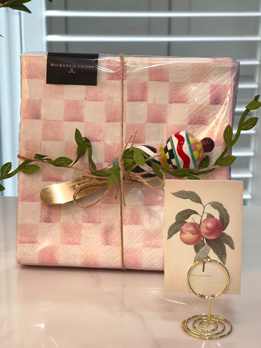 MacKenzie-Childs Rosy Check Napkin and Spreader Gift Set-NEW